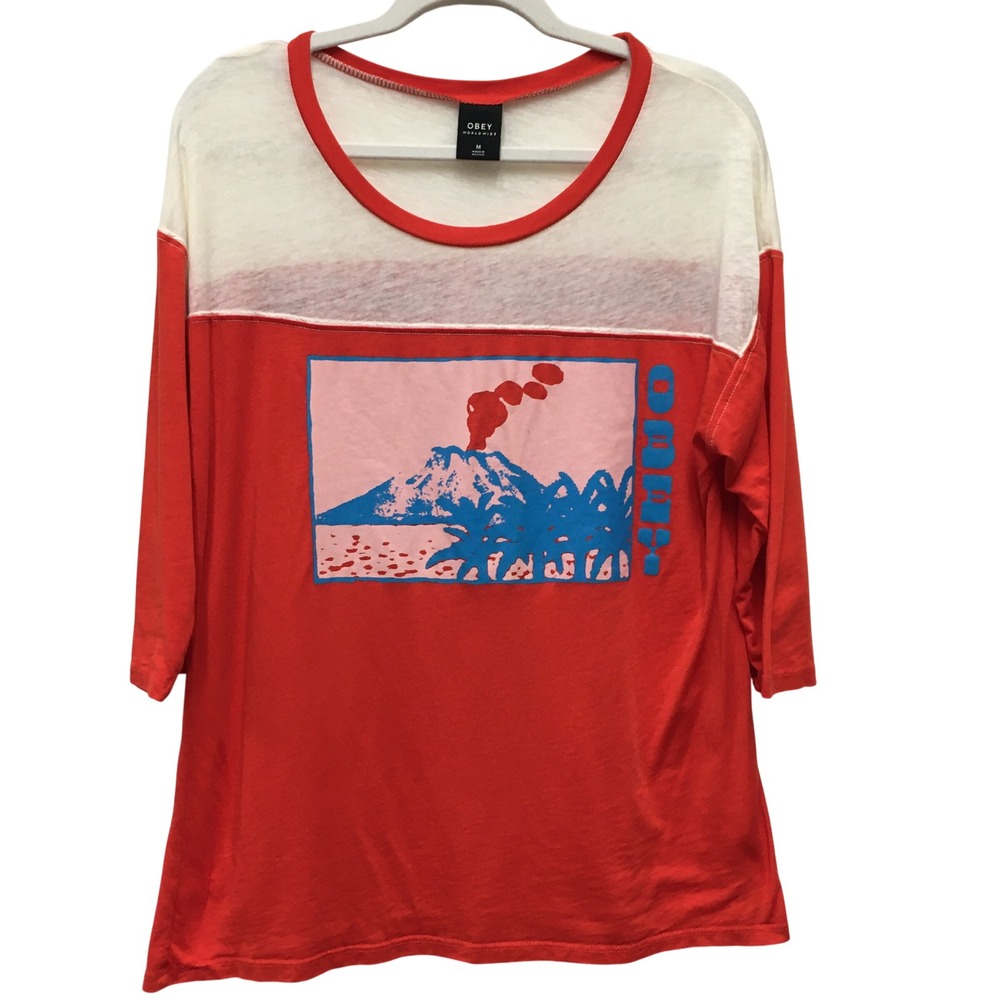 Obey Graphic Volcano Raglan Top Women's Medium Red Streetwear Retro Surf Skate